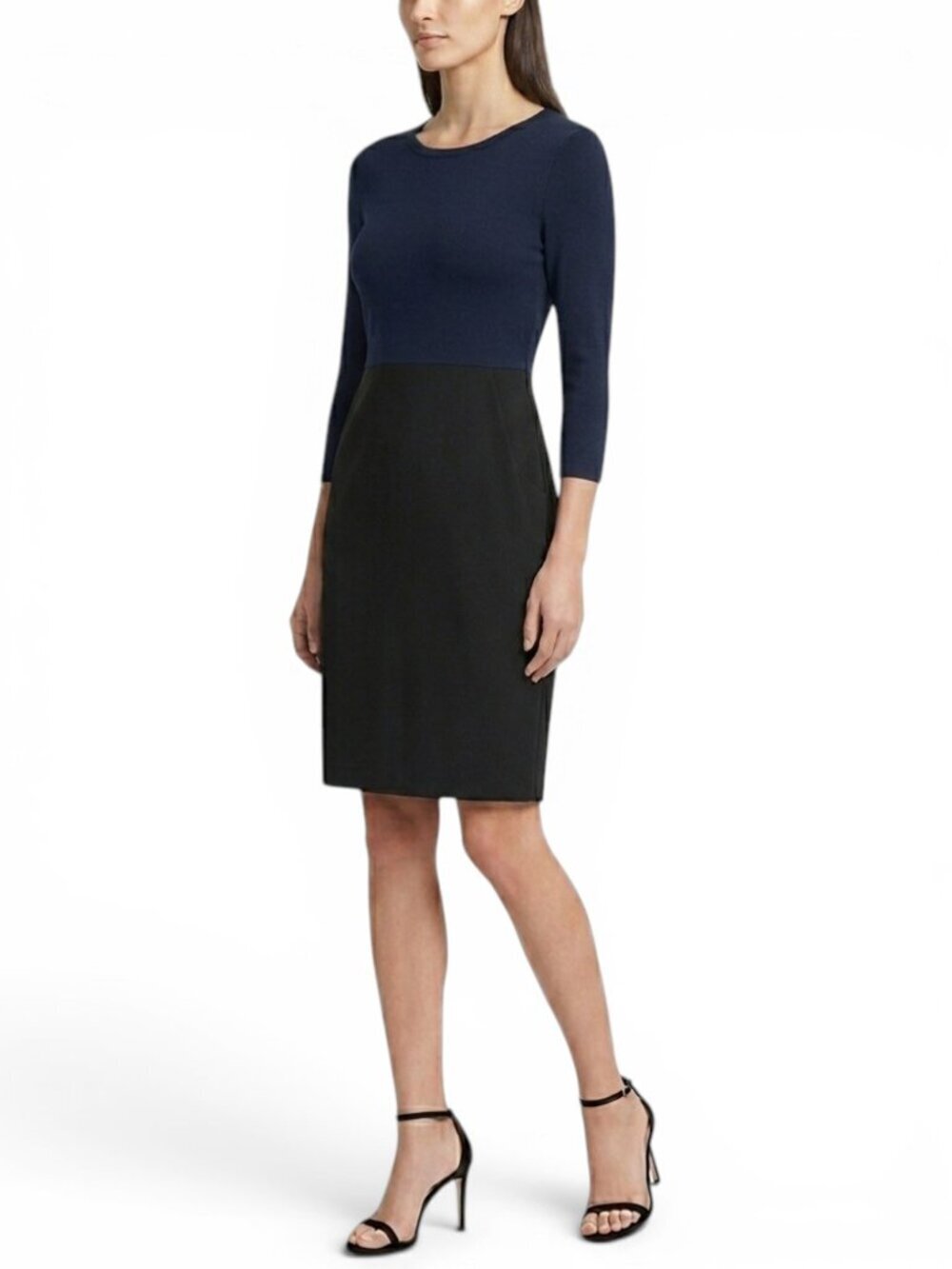DKNY Donna Karan Black Mixed Fabric Knit Wool Blend 3/4 Sleeve Dress NWT New 4